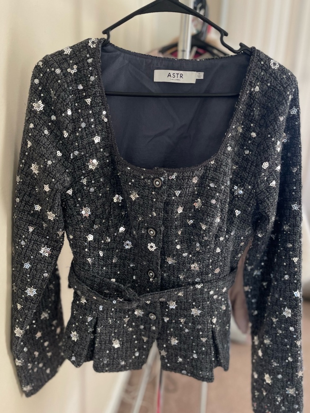ASTR Black Sequin Tweed Belted Jacket